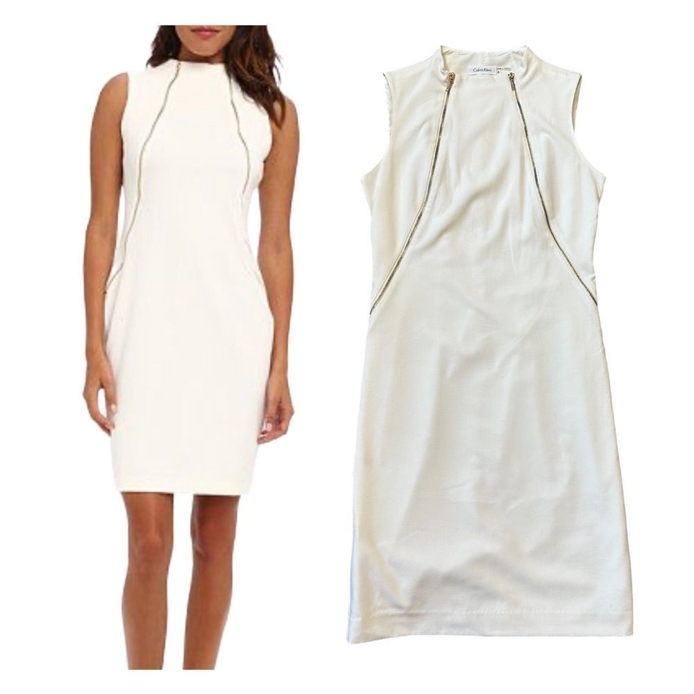 Calvin Klein Cream Zipper Detail Sleeveless Sheath Dress Size 6